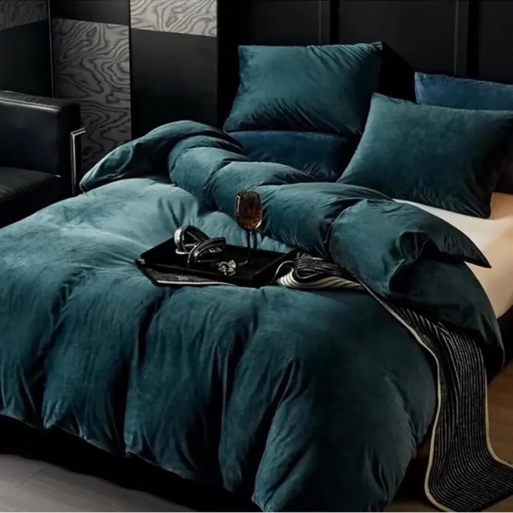 🆕 KING Set Duvet Cover Velvet Bedding Blue Green Velour High End Luxury Hotel